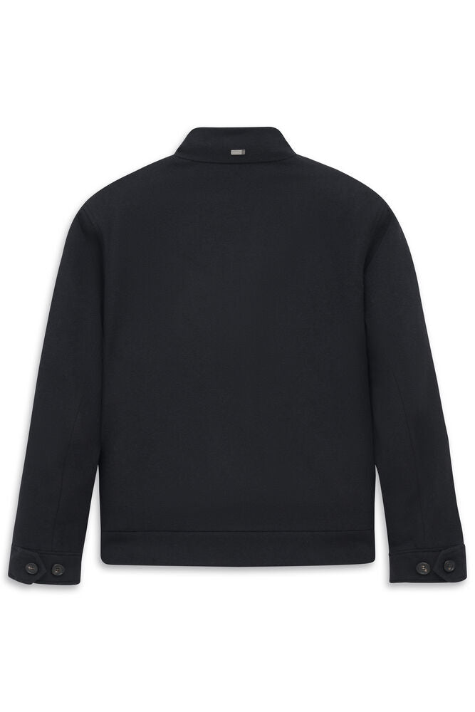 Black jacket with a stand-up collar, a silver-toned tag on the back of the collar, and two-button cuffs on long sleeves.