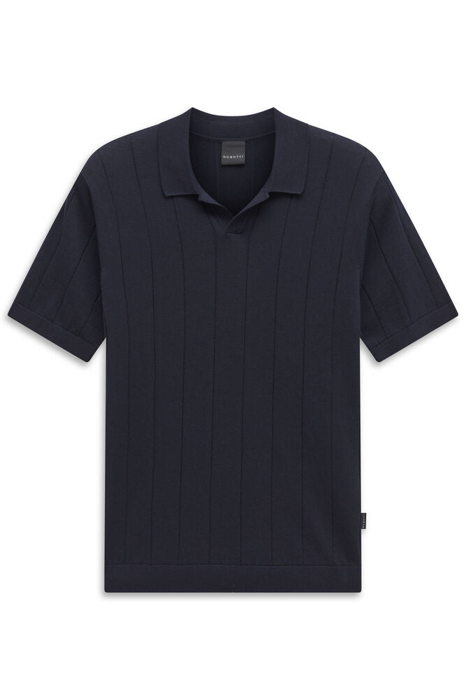Navy blue short-sleeved men's polo shirt with a spread collar, V-neck placket, and vertical ribbed knit texture.