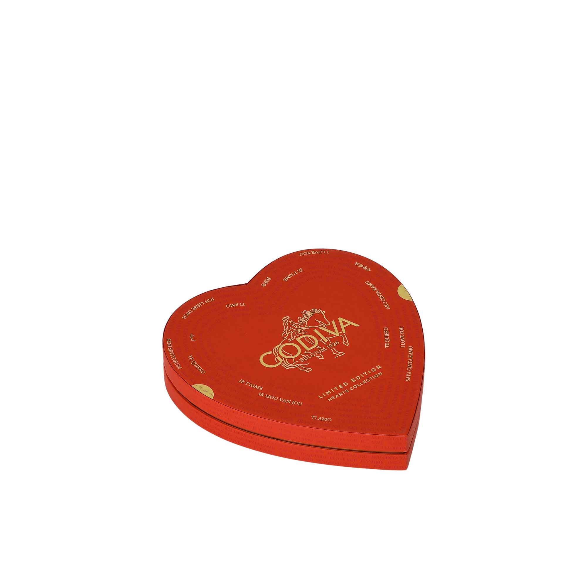 Godiva heart shaped chocolate box angled view luxury packaging