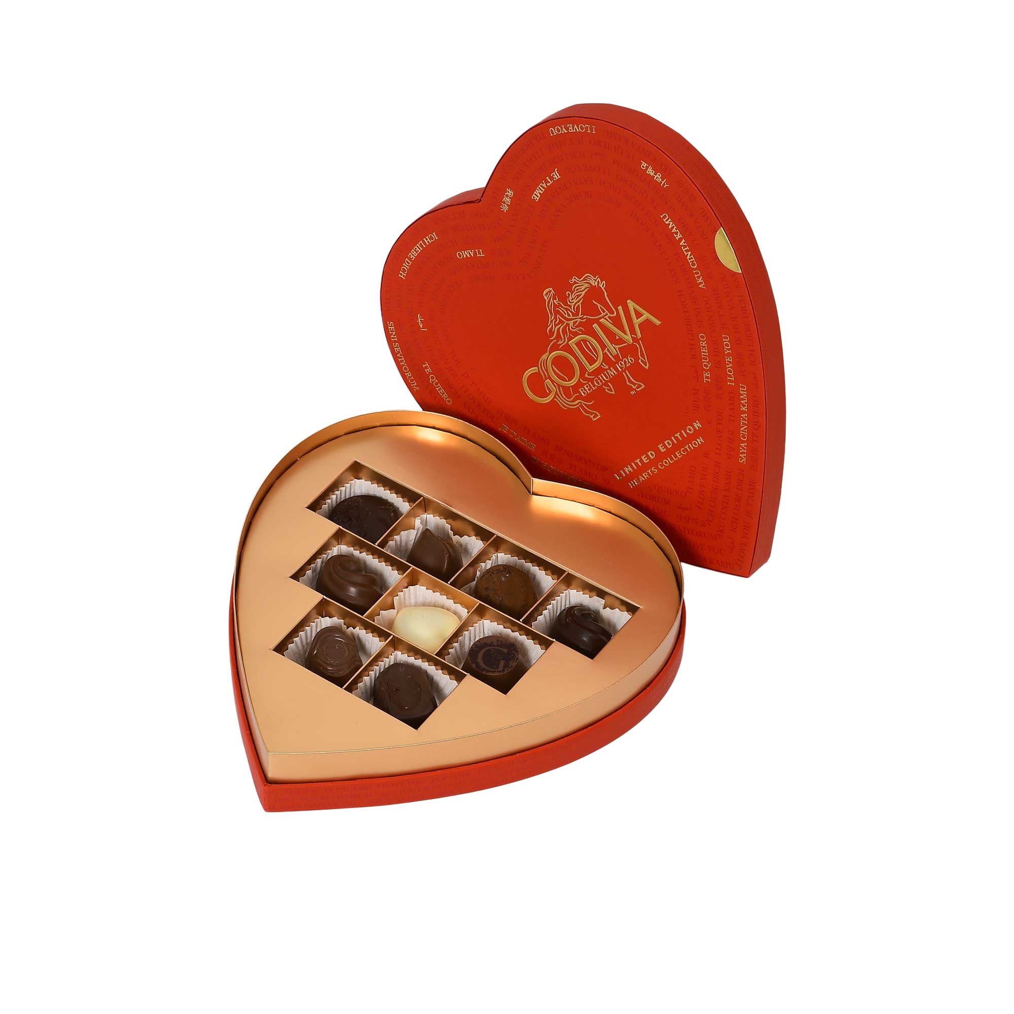 Godiva heart shaped chocolate box open with 9 assorted chocolates