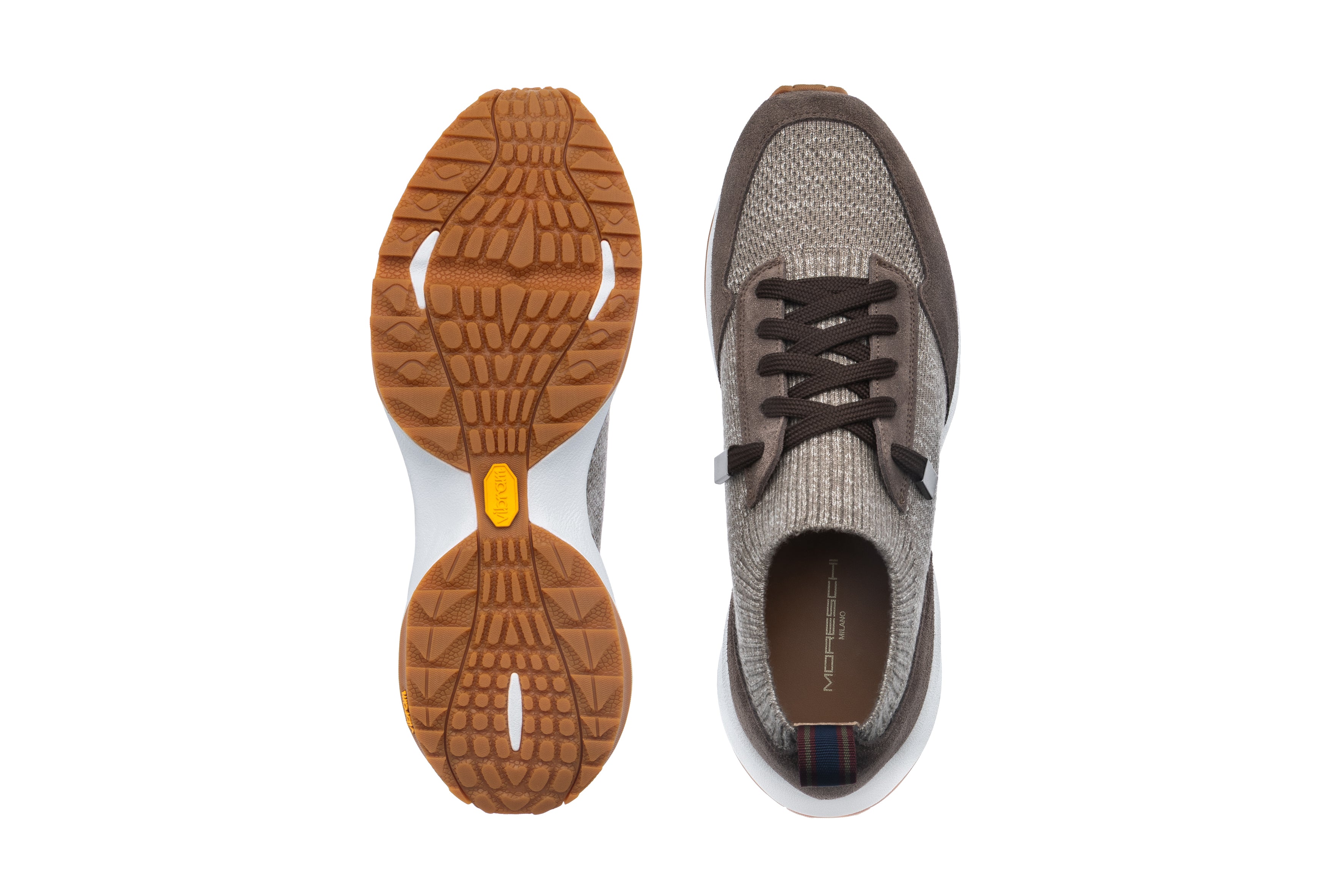 Nocciola brown knit sneaker with dark brown suede accents, dark brown laces, white midsole, and brown Vibram outsole.