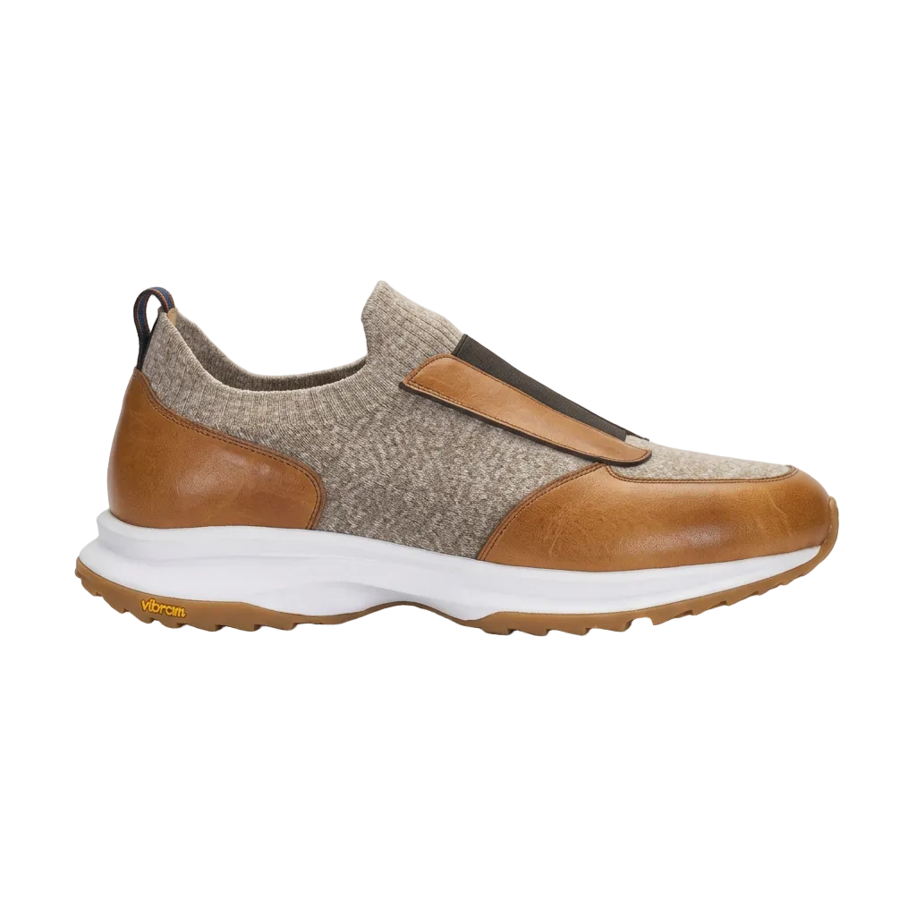 Moreschi slip-on sneaker in nocciola brown and beige knitted fabric with a white midsole and brown outsole.