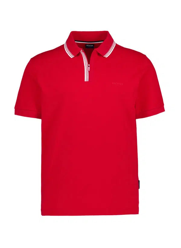 Red short-sleeved polo shirt with a collar featuring two white stripes, a white zipper placket, and an embroidered logo.