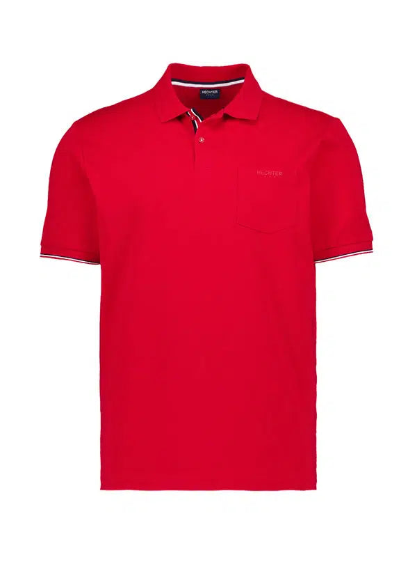 Red short-sleeved polo shirt with a two-button placket, ribbed collar, and cuffs with white and red stripes. Left chest pocke