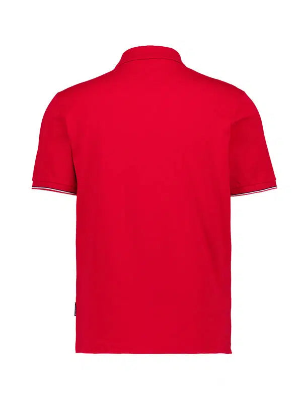 Chili red polo shirt, back view. Short sleeves have ribbed cuffs with white and dark stripes. Red polo collar.