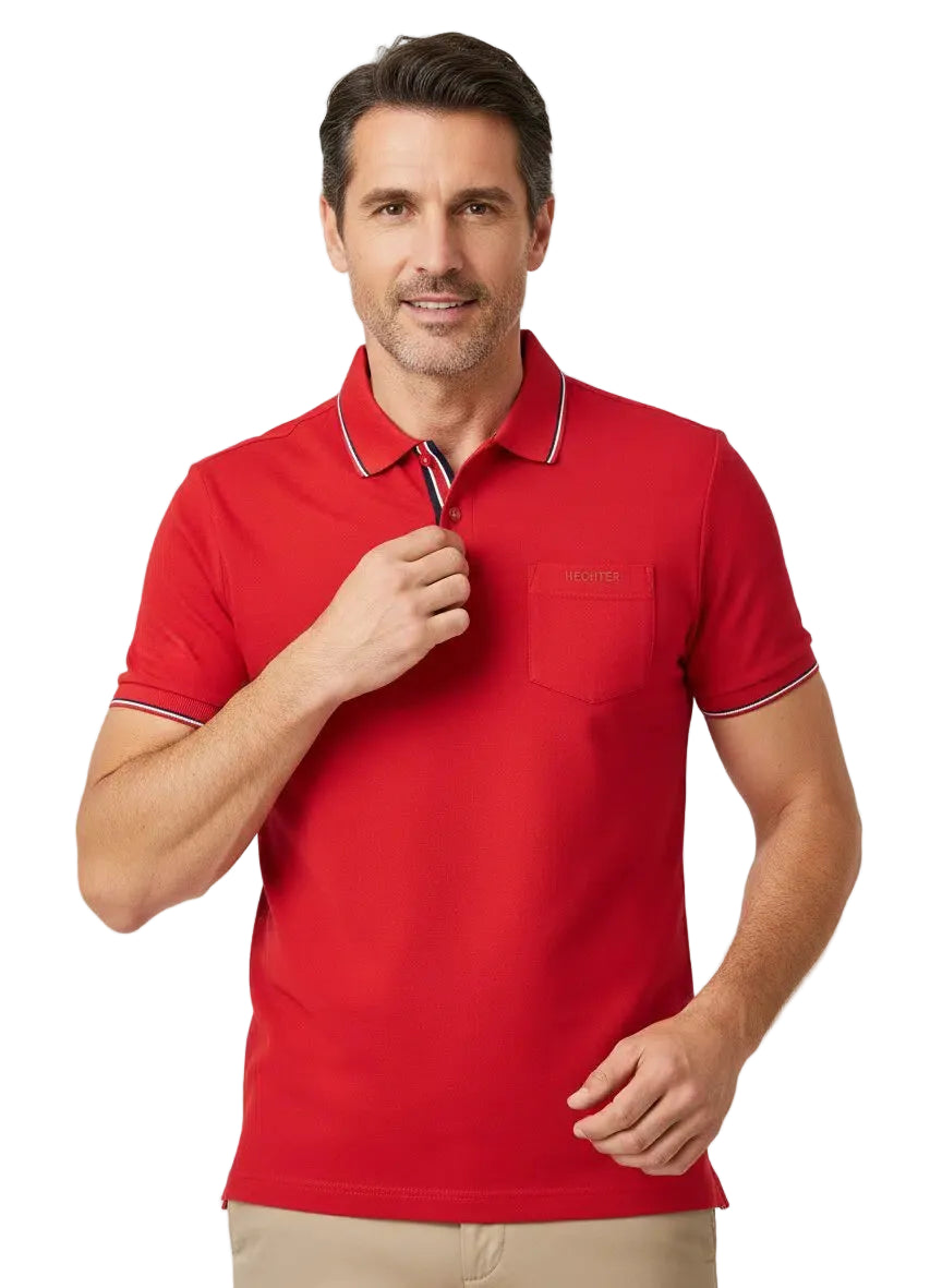 Red short-sleeved men's polo shirt with a ribbed collar, two-button placket, chest pocket, and striped cuffs.
