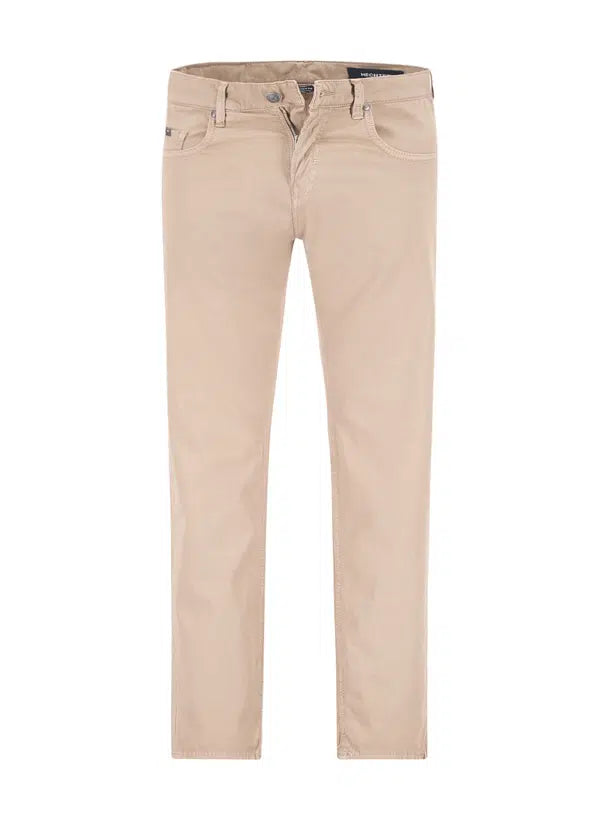 Light beige men's straight leg jeans with five pockets, a zip fly, and button closure, laid flat.