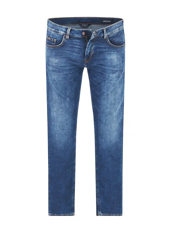 Dark blue slim-fit men's denim jeans with a washed finish, subtle fading, and classic five-pocket styling.