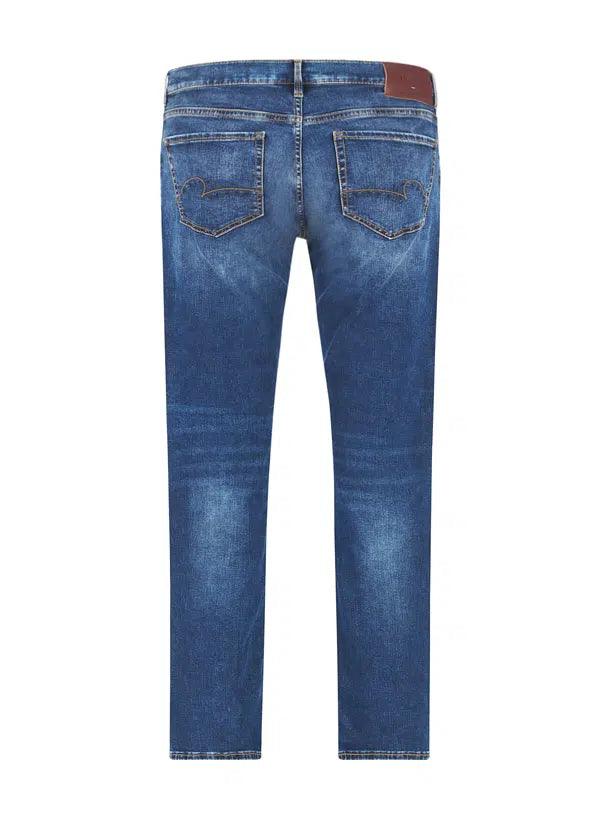 Dark blue washed jeans, back view. Two back pockets with curved stitching and a brown leather-like patch on the waistband.