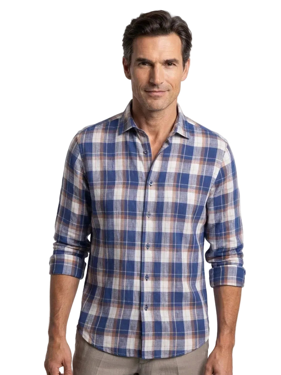 Men's casual long-sleeve shirt in navy blue, white, and brown plaid check pattern with a point collar and button-down front.
