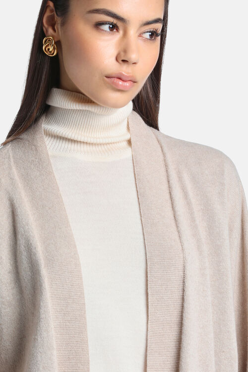 Beige open carded wool cardigan with a relaxed fit and ribbed front edges.
