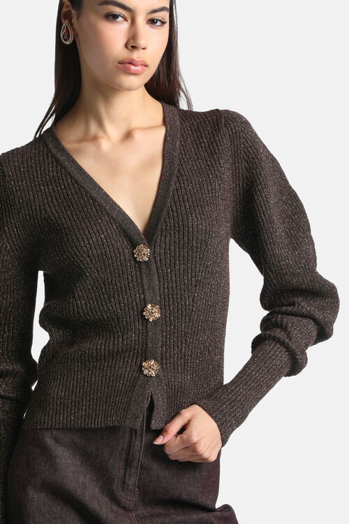 Brown gold-shimmer ribbed knit V-neck cardigan with three round, jewelled gold-toned buttons and puffed long sleeves.