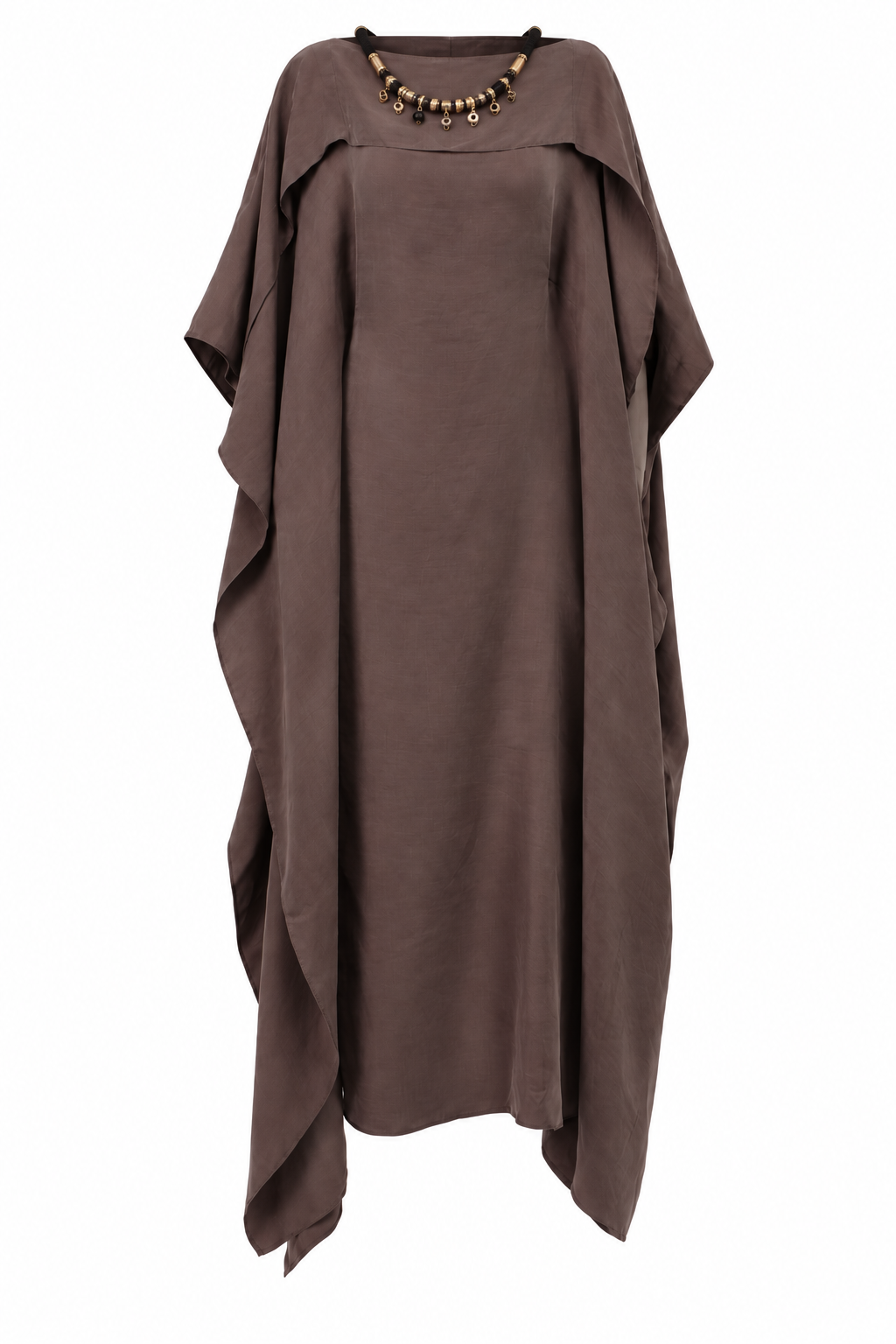 Brown loose-fit kaftan dress with wide draped sleeves and a decorative necklace-like embellishment featuring gold-toned and b
