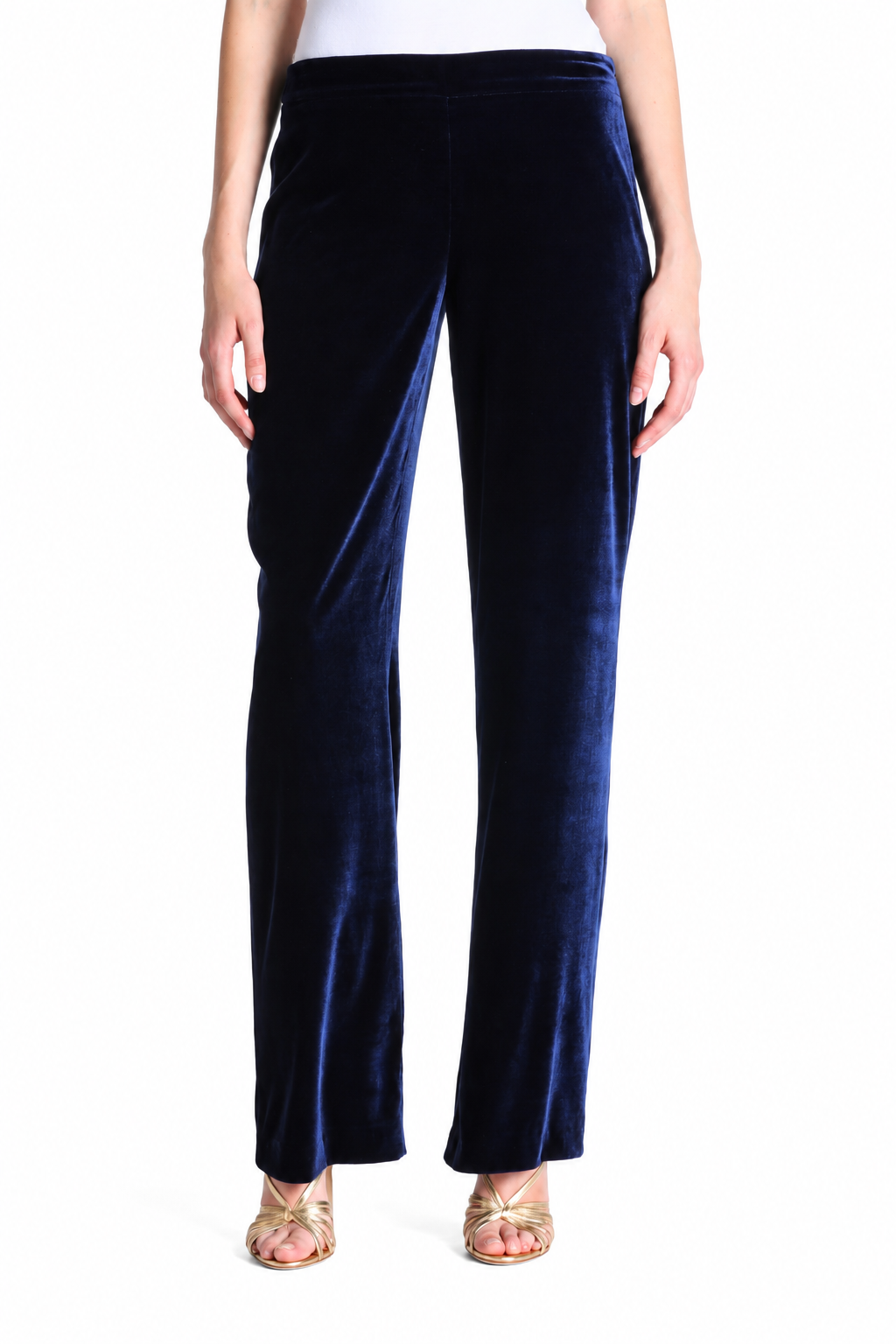 Dark blue velvet straight-leg trousers with a smooth, elasticated pull-on waistband.
