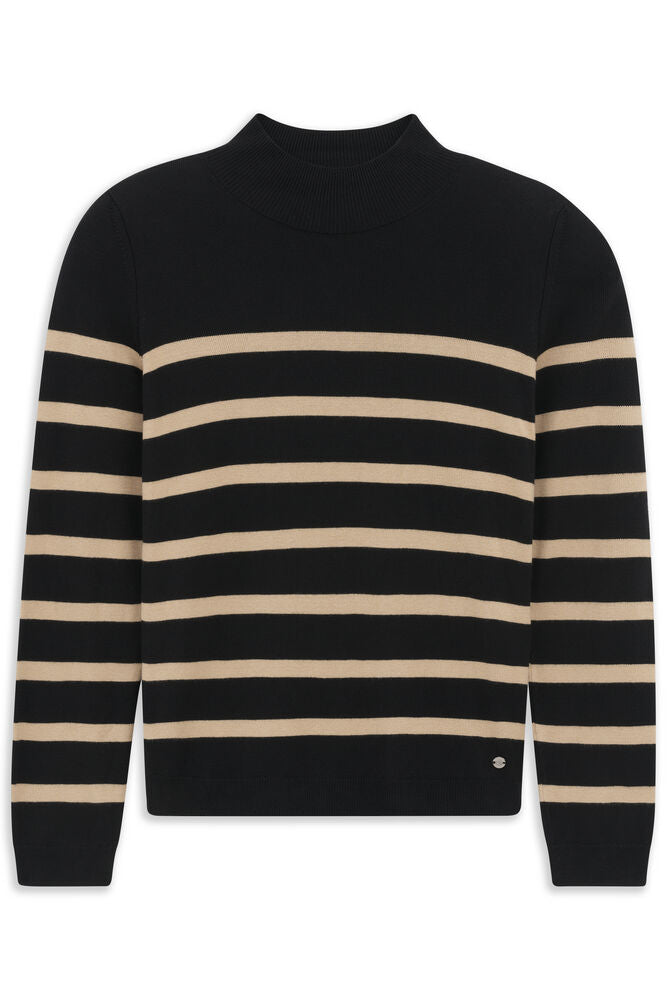 Men's black and cognac striped mock neck sweater with ribbed cuffs and hem, and a small metallic emblem.