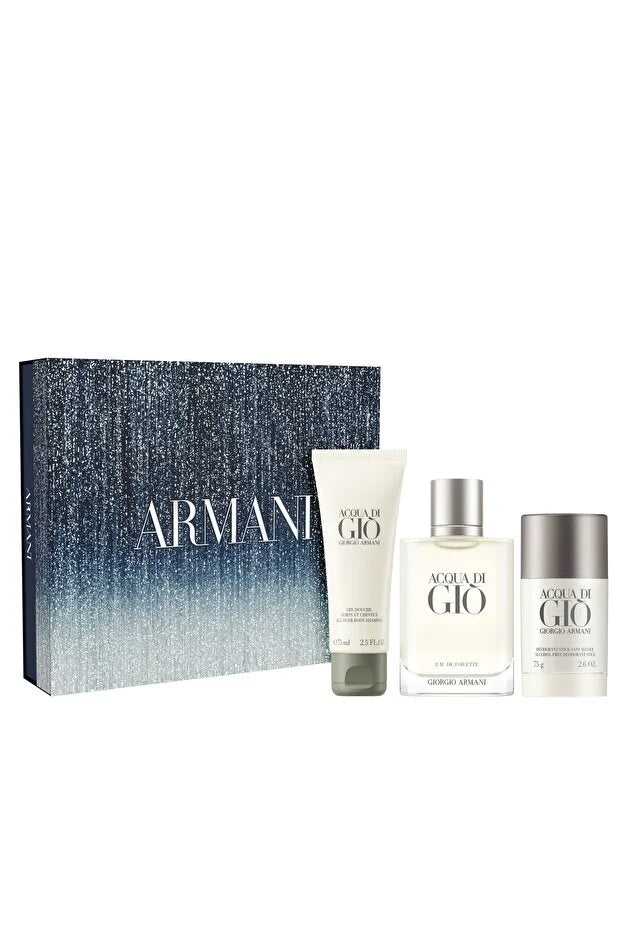 A gift set: glittery blue gradient box, white tube, clear bottle with silver-toned cap, and grey deodorant stick, all with 'A