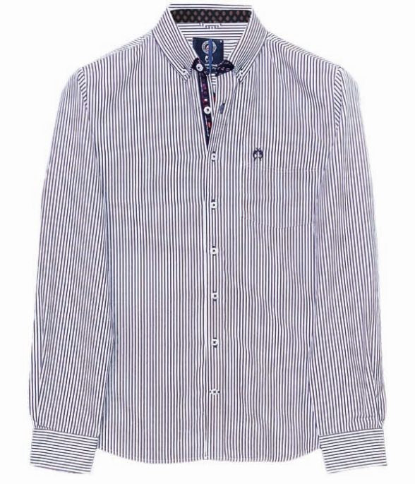 White button-down shirt with thin navy vertical stripes, button-down collar, patterned inner placket, chest pocket, and embro
