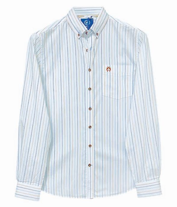 White long-sleeve button-down shirt with turquoise and tan vertical stripes, brown buttons, and a chest pocket with a reddish