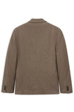 Cognac sports jacket, back view, made of textured woven fabric. Features a standard collar and four dark buttons on each slee