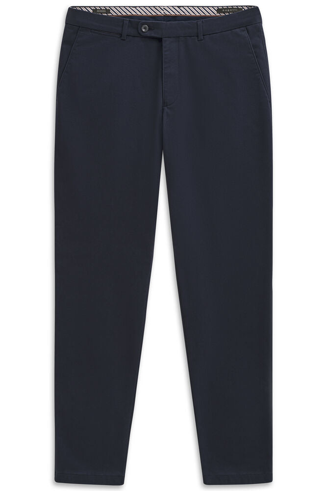 Navy blue casual trousers with a flat front, belt loops, button and zip closure, and slanted side pockets. The inner waistban