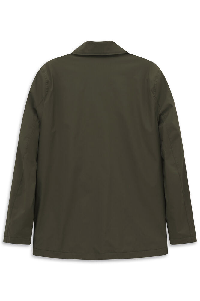 Olive green jacket, back view. Features a pointed collar, long sleeves, and a straight hem. Smooth fabric.