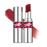 Two silver-toned YSL lipsticks with fuchsia bands. One is capped, the other open, showing a shiny, angled deep berry lipstick