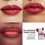 Two silver-toned YSL lipstick tubes with clear middle sections and pink YSL logos. One open, showing a glossy burgundy bullet