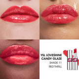 Two YSL Loveshine Candy Glaze lipsticks. Silver-toned tubes with fuchsia YSL logo bands. One open, one closed, showing a glos