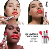 Silver-toned YSL Loveshine Candy Glaze lipstick with a pink logo band and a glossy red-orange bullet.