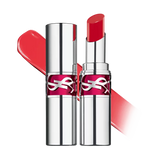 Silver-toned lipstick with a fuchsia band and silver-toned YSL logo. One is capped, the other open, revealing a glossy red bu