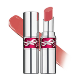 Extended YSL Candy Glaze lipstick in a peachy-pink shade, with a silver-toned tube and fuchsia logo band.
