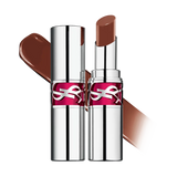 Two silver-toned YSL lip glaze tubes with fuchsia pink logo bands. One capped, one open revealing glossy brown glaze.