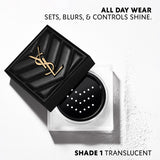 Translucent powder in a frosted clear square container. Features a black quilted lid with a gold-toned YSL logo and a black d