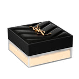 Square compact of YSL Hyper Blur Powder with a black quilted lid and gold-toned YSL logo, revealing light beige powder in a t