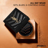 YSL powder: black quilted lid with gold-toned YSL logo, translucent square container with light brown powder.