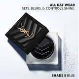 Square translucent powder container with a black quilted lid, partially open, showing a gold-toned YSL logo and a black sifte