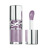 YSL Loveshine Gloss in a shimmering lavender shade, presented in a clear tube with a silver-toned cap, alongside its applicat