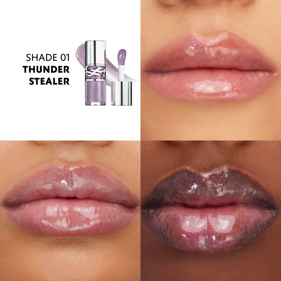 Shimmery lavender lip gloss in a clear tube with a silver-toned cap and YSL logo, with a matching doe-foot applicator.
