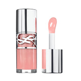 YSL Loveshine Gloss in a clear cylindrical bottle with a silver-toned cap, showing a light pink gloss and doe-foot applicator