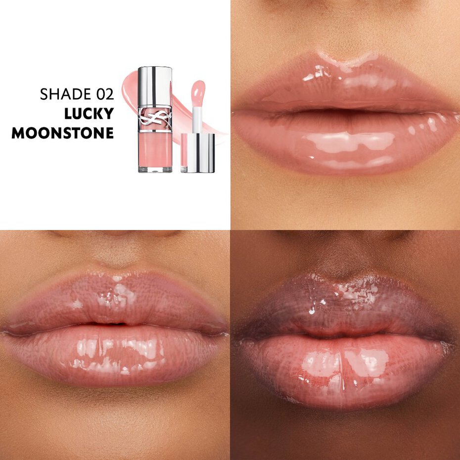 Clear lip gloss tube with silver-toned cap and YSL logo, containing light peachy-pink gloss with a matching doe-foot applicat