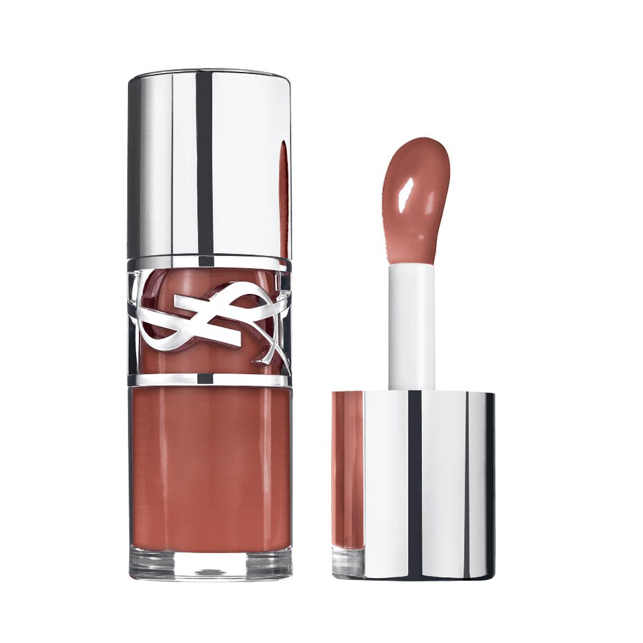 YSL Loveshine Gloss in a clear bottle with a silver-toned cap, showing a brown-toned lip gloss and applicator wand