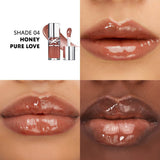 YSL Loveshine Gloss in Honey Pure Love. Clear tube with silver-toned cap, YSL logo, and warm brown gloss on a doe-foot applic