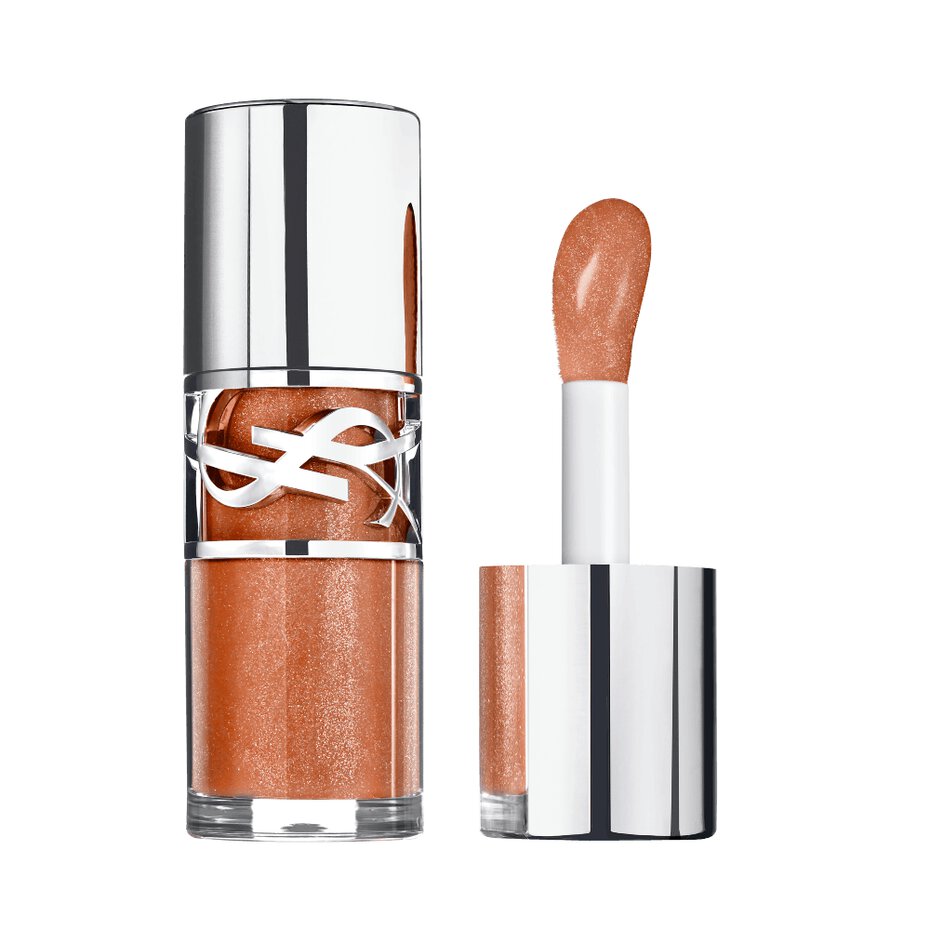 YSL Loveshine Gloss in a peachy bronze shade with shimmer, in a clear tube with a silver-toned cap and YSL logo. Applicator s