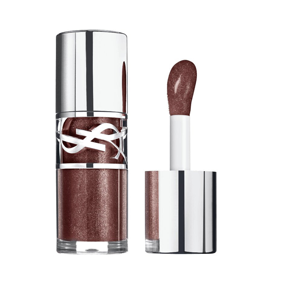 Shimmery deep reddish-brown lip gloss in a clear tube with a silver-toned cap and YSL logo. Matching doe-foot applicator.