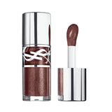 Shimmery deep reddish-brown lip gloss in a clear tube with a silver-toned cap and YSL logo. Matching doe-foot applicator.