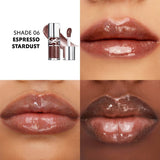 YSL Loveshine Gloss tube with silver-toned cap and doe-foot applicator, alongside a swatch of shimmering espresso stardust gl