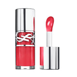 YSL Loveshine Gloss in a vibrant coral shade, with a silver-toned cap and a curved applicator tip.