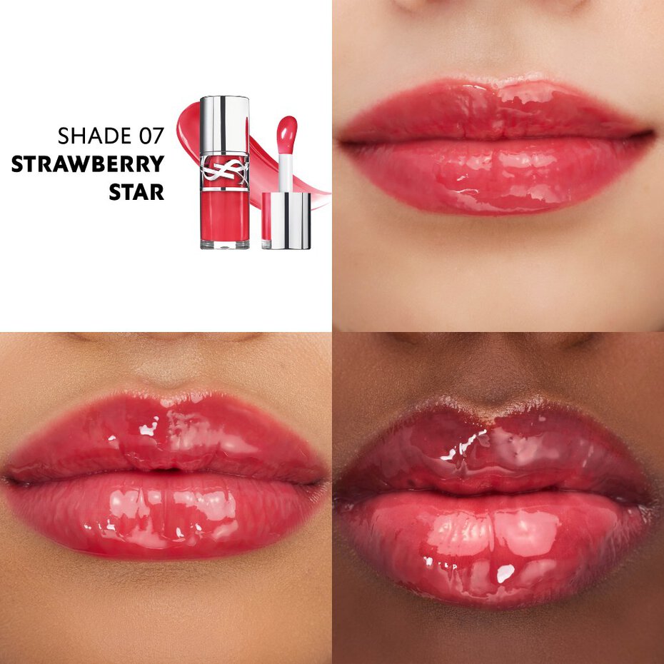YSL Loveshine Gloss in a clear tube with a silver-toned cap, containing red-pink gloss. A separate applicator wand is shown w