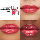 YSL Loveshine Gloss in a clear tube with a silver-toned cap, containing red-pink gloss. A separate applicator wand is shown w