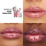YSL Loveshine Gloss in Nude Lavallière. Clear tube with silver-toned cap and YSL logo. Nude pink gloss with doe-foot applicat